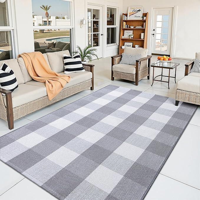OLANLY Buffalo Plaid Rug 3' x 5' – Grey and White Cotton Checkered Doormat, Washable Indoor Outdoor Rug for Layered Front Porch, Kitchen, Entryway Decor