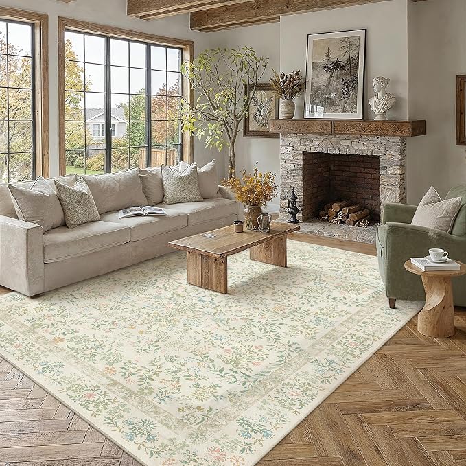 PureCozy 8x10 Light Green Area Rug for Living Room Bedroom Washable Vintage Floral Carpet Low Pile Non Slip Botanical Aesthetic Large Dining Room Soft Accent Throw Rug Nursery Office Indoor