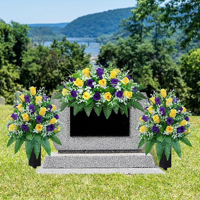 LVXINLI Artificial Cemetery Flowers, Gravesite Decoration Roses, Memorial Bouquets with Cemetery Vase, Vibrant and Long-Lasting Colors （ Yellow+Purple, 2 Bundles