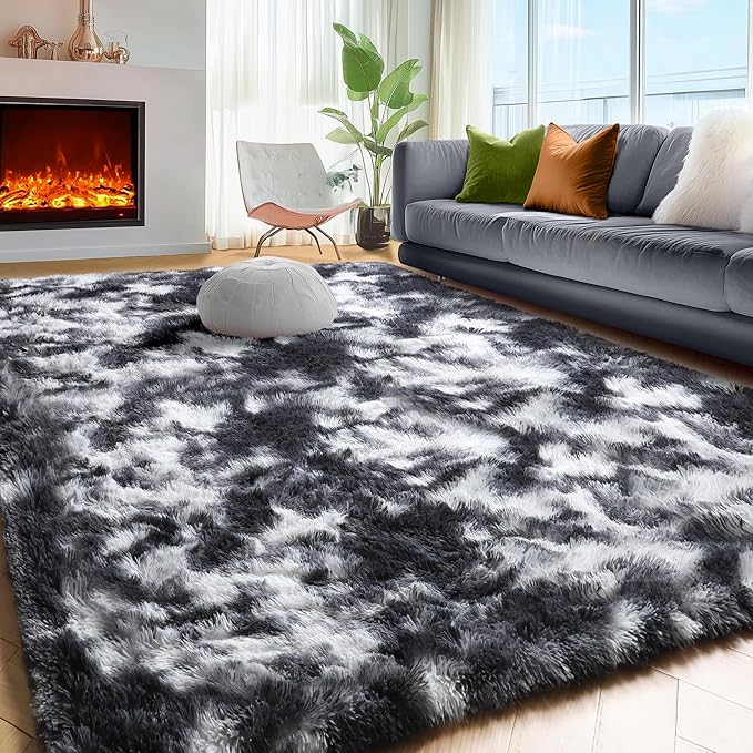 PAGISOFE Black White Rugs for Living Room 6x9, Shag Fuzzy Fluffy Rugs for Bedroom Kids Room Playroom Dorm Shaggy Soft Carpet for Home Decor Aesthetic Plush Bedside Rug Modern Grey Rug
