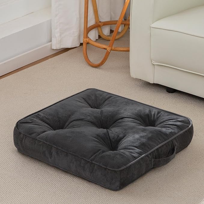 HIGOGOGO Large Floor Pillow Cushion for Adults, Meditation Cushion Pillow with Handle, Lustrous Chenille Tufted, Square Floor Sitting for Tatami Living Room or Yoga, 22x22 Inch, Dark Grey