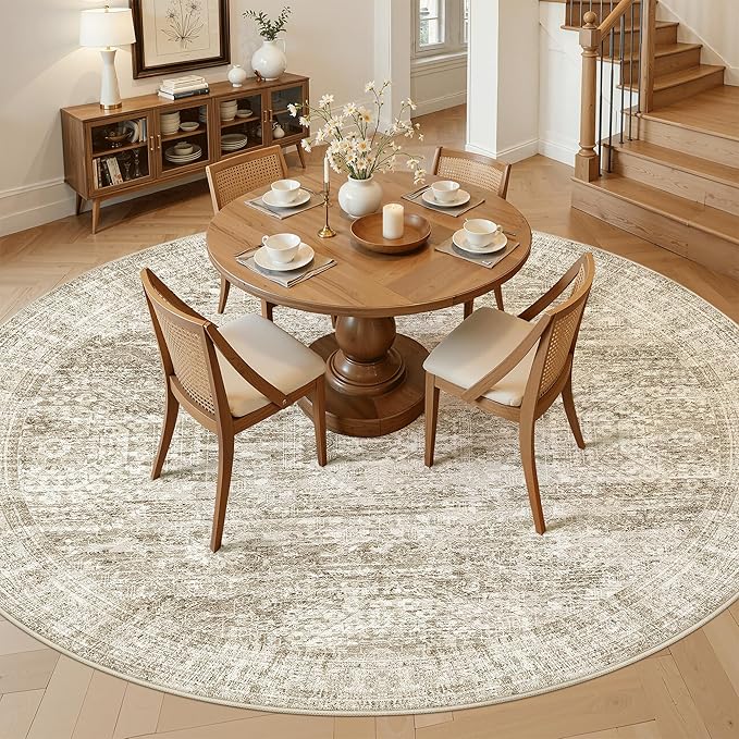 Soalmost 8x8 Brown Round Rug 8ft Living Room Circle Rug Vintage Round Area Rug Non Slip Indoor Carpet for Apartment