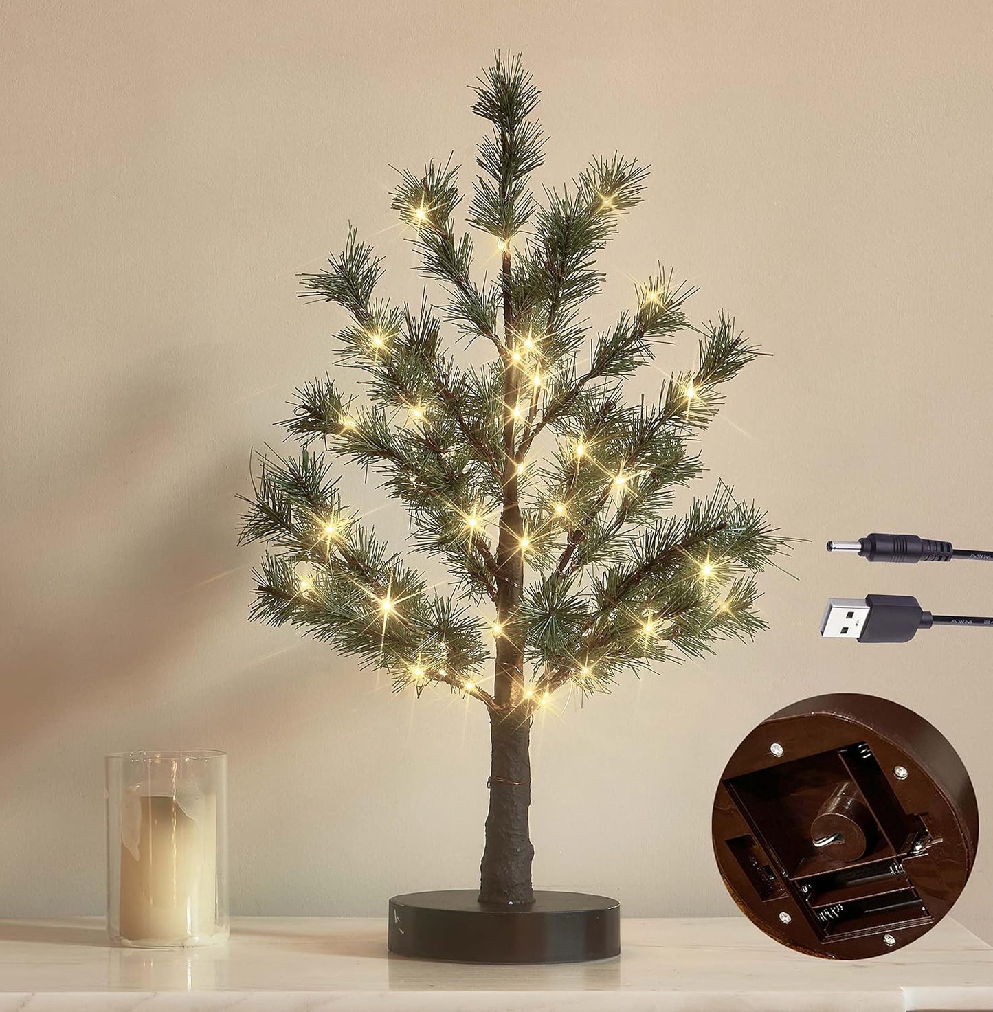 Hairui Christmas Tabletop Pine Tree Lights 60 LED 18IN Battery or USB Oprerated with Timer, Lighted Pine Tree for Home Winter Holiday Decor Indoor Use