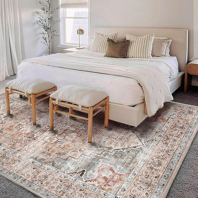 CHAMPLANT Washable Area Rug 8'x10' Light Cyan and Light red Retro Boho Design Non-Shedding Non-Slip Easy Care Ideal for High Traffic Areas in Living Room Bedroom Office Kitchen Large Carpet