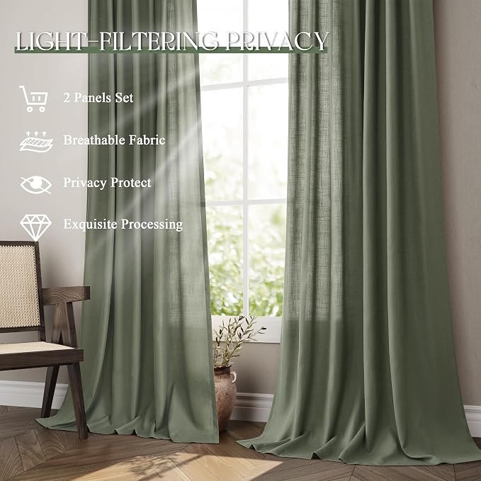 Jowels Loden Green Linen Curtains 96 Inch Long 2 Panels for Living Room | Olive Green Light Filtering Sheer Curtain,Back Tab Pocket Pleated Look, Farmhouse Textured Privacy Drapes for Bedroom Window