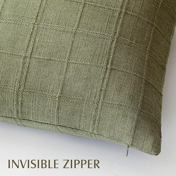 Foindtower Set of 2 Decorative Linen Check Throw Pillow Covers Neutral Farmhouse Vintage Cushion Covers Modern Boho Home Decor for Sofa Chair Couch Bedroom Living Room,20×20 Inch,Sage Green