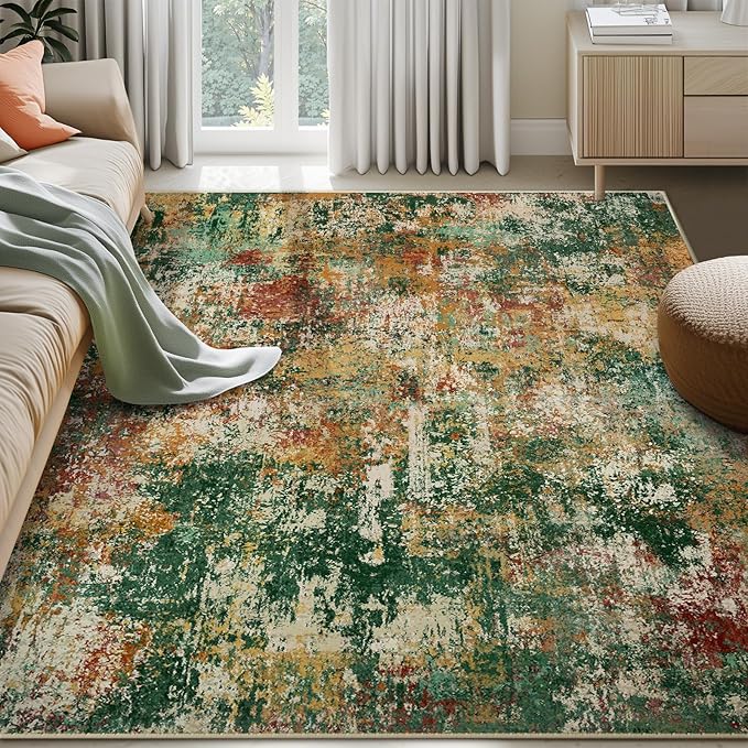 RELEANY Washable Area Rugs 7'x9' Non-Slip Modern Abstract Soft for Living Room Entryway Bedroom Nursery, Print Pattern, Green Orange Rust Red Cream Colorful