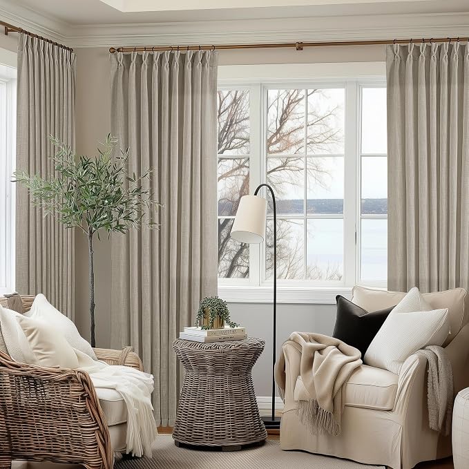 Extra Wide Curtains 90 Inches Long 60 Inch Width for Living Room Bedroom Light Filtering Semi Sheer Farmhouse Pleated Curtain Hooks Rings for Patio Sliding Door Large Window Burlywood Taupe 1 Panel