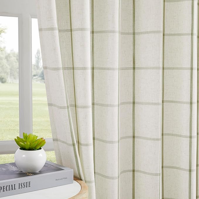 Vision Home Sage Green Plaid Linen Pinch Pleated Semi Sheer Curtains Checkered Light Filtering Window Panels 95 inches Long for Living Room Bedroom Rustic Pleat Drapes with Back Tab Hooks 40" Wx95"Lx2