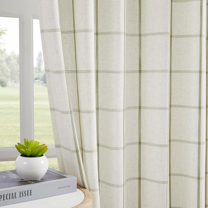 Vision Home Sage Green Plaid Linen Pinch Pleated Tier Curtains 24 inch, Checkered Semi Sheer Kitchen Curtains with Back Tab Hooks, Light Filtering Small Window Panels for Bathroom Laundry, 25"Wx24"Lx2