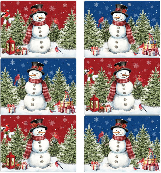Winter Christmas Placemats Set of 6 Red Blue Snowman Plastic Table Mats Christmas Tree Birds Place Mats Washable Vinyl Seasonal Winter Table Decoration for Indoor Outdoor Party Kitchen Dining