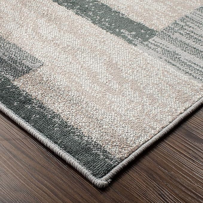 Superior Indoor Area Rug, Jute Backed, Modern Geometric Patchwork Floor Decor for Bedroom, Office, Living Room, Entryway, Hardwood Floors, Rockwood Collection, 3' x 5', Blue-Taupe