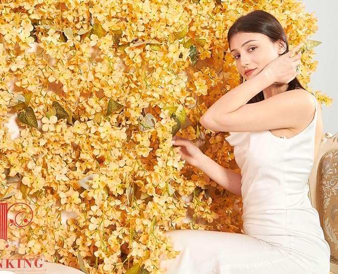 PONKING Flower Garland, Artificial Hydrangea Vine Flowers, Hanging Fake Hydrangeas Vine for Room Anniversary Wedding Birthday Christmas Wall Arch Decor, 2 Pcs, Floral Garland, Champagne Flower