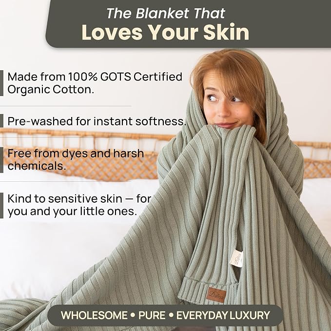 100% Organic Cotton Knit Blanket Denise, Soft and Lightweight, Breathable All-Season Throw for Bed, Sofa, or Lounge Area -GOTS Certified-Perfect for Home and Bedroom Styling (Green, 60x80)