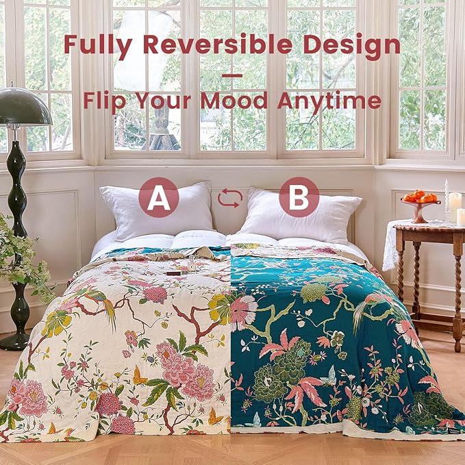 MSGKV The Boho Layer: 50"x60" Cotton Throw Blanket – Lightweight & Reversible Chinoiserie Floral & Bird Pattern, Summer Decorative Accent for Couch Snuggles, Bed Layers & Road Trips
