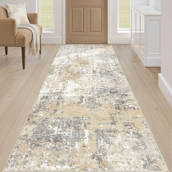 Runner Rug Kitchen Washable Rugs: 2x8 Non-Slip Abstract Soft Modern Stain Resistant Indoor Floor Neutral Accent Throw Carpet for Hallway Bathroom Laundry Room Entryway Bedroom- Gray Gold