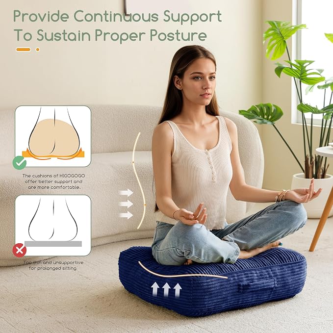 HIGOGOGO 6" Extra Thick Floor Pillow Cushion for Adults, Meditation Cushion Pillow, Large Square Floor Sitting, Tufted Corduroy Cover, for Tatami Living Room or Yoga, 22x22 Inch, Navy