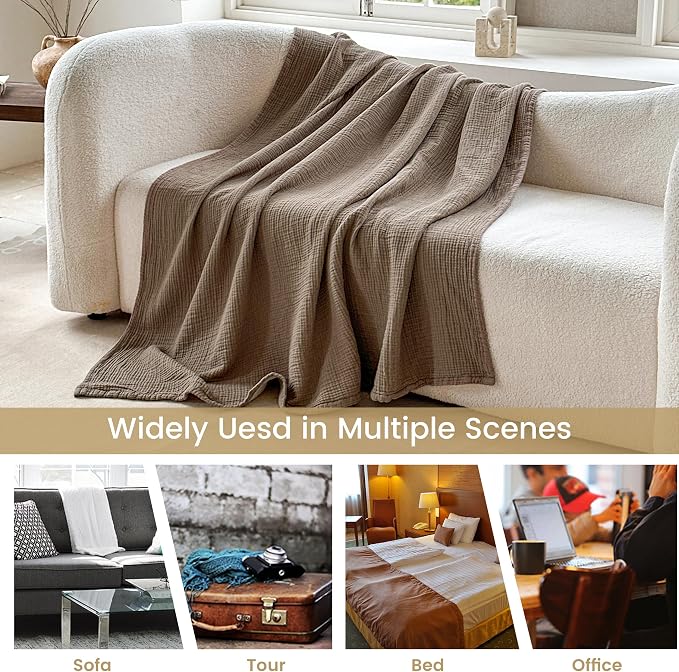 FALUCA Cotton Muslin Cooling Reversible Blanket 50x60 Inches for Bed, Couch, Four Layers Blanket, Soft Lightweight Cozy Breathable Farmhouse Decoration for Summer, Brown