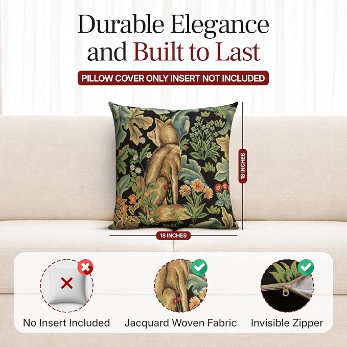 Charlotte Home Furnishings Inc Black Wolf Throw Pillow Covers 18x18, European 100% Cotton Jacquard Woven Fabric, Boho & Vintage Inspired Decorative Cushion for Living Room and Sofa