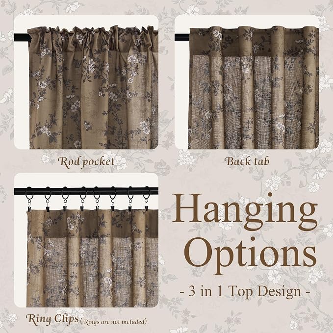 StangH Vintage Floral Curtains French Country Linen Texture Light Filtering Printed Drapes Victorian Decor for Living Room/Bedroom/Dining Room, W52 x L84, Khaki, 2 Panels