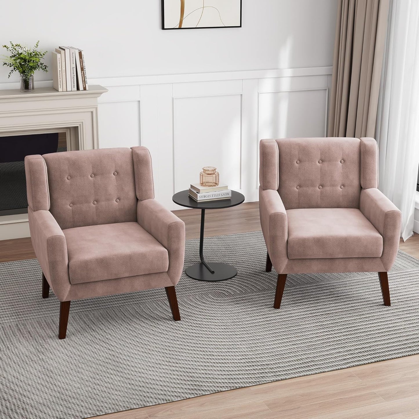 UIXE Accent Chair, Velvet Upholstered Armchair for Living Room, Modern Club Arm Chairs Comfy Single Sofa Button Tufted Bedroom Reading Seat - Skin Pink, Set of 4