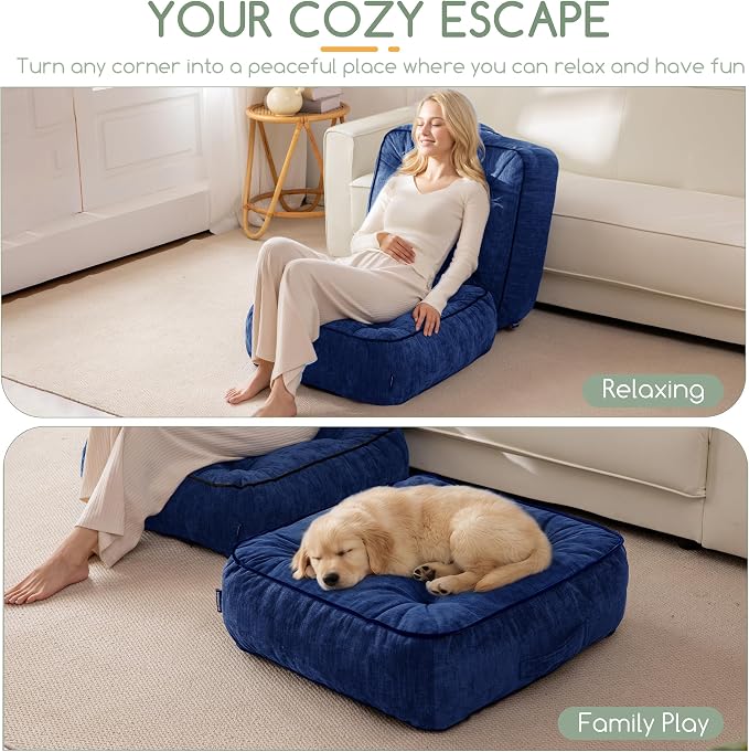 HIGOGOGO 8" Extra Thick Floor Pillow Cushion for Adults, Meditation Cushion Pillow with Handle, Lustrous Chenille Tufted, Square Floor Sitting for Tatami Living Room or Yoga, 22x22 Inch, 2Pack, Navy