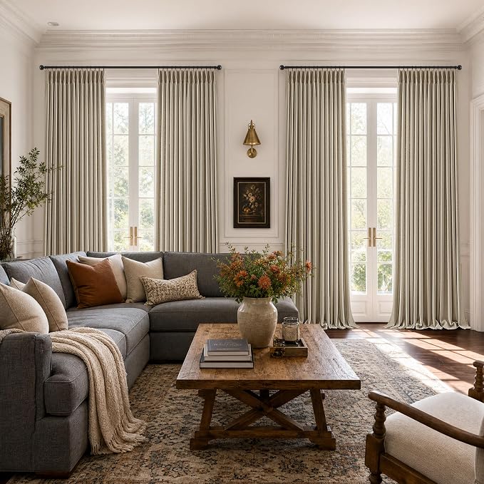Burlywood Pinch Pleated Curtains 84 Inches Length Back Tab Light Filtering Semi Sheer Taupe Pleat Curtains for Living Room Memory Trained Shaped Linen Textured Window Drapes 84 Inch Long 2 Panels