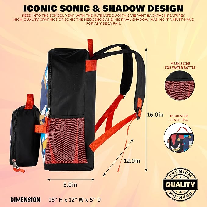 AI ACCESSORY INNOVATIONS Sonic The Hedgehog & Shadow 2 Piece Backpack Set, Boys & Girls 16" School Bag, Black