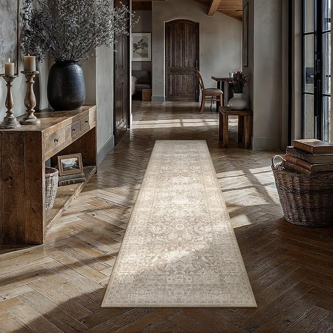 HUGEAR Hallway Runner Rugs 3x8 Beige Washable Rug Neutral Vintage Rug Carpet Distressed Soft Durable Non Slip No Shedding for Indoor Bedroom Kitchen Dining Nursery Laundry