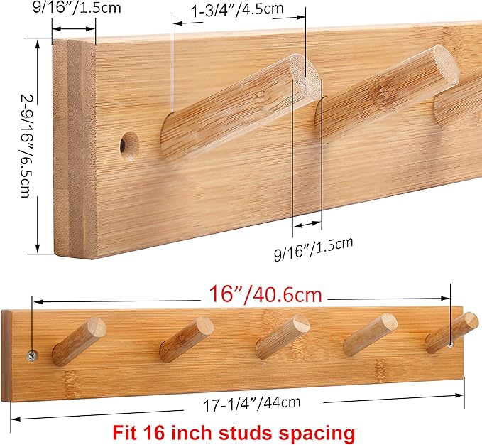 WEBI Coat Rack Wall Mounted,16" Hole to Hole,Coat Hanger Wall Mount with 5 Hooks for Hanging Coats,Hook Rack Peg Rail for Hats,Jacket,Clothes,Towels,Natural,2 Packs