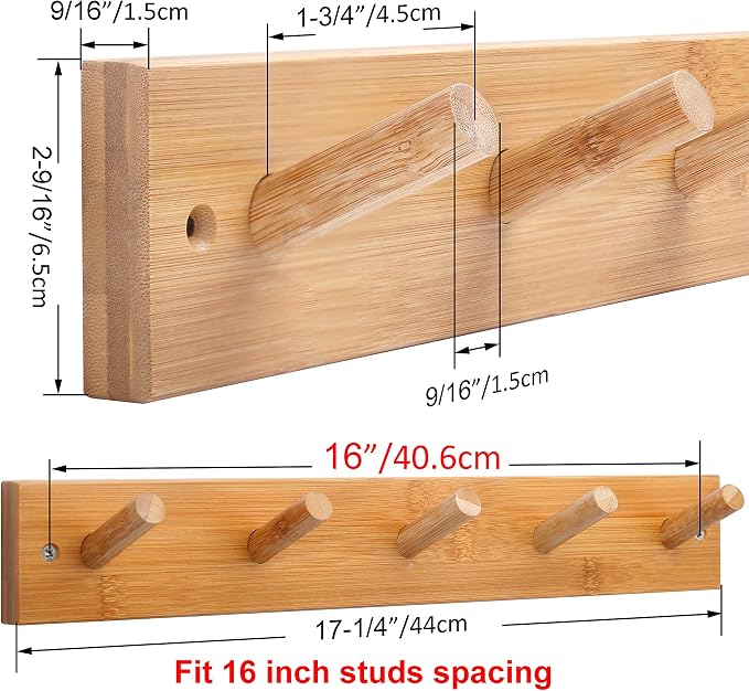 WEBI Coat Rack Wall Mounted,16" Hole to Hole,Coat Hanger Wall Mount with 5 Hooks for Hanging Coats,Hook Rack Peg Rail for Hats,Jacket,Clothes,Towels,Natural