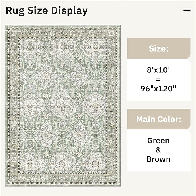 Soalmost 8x10 Area Rugs, Washable Rugs, Large Stain Resistant Area Rug for Living Room Bedroom Dining Room, Vintage Farmhouse Rug Green