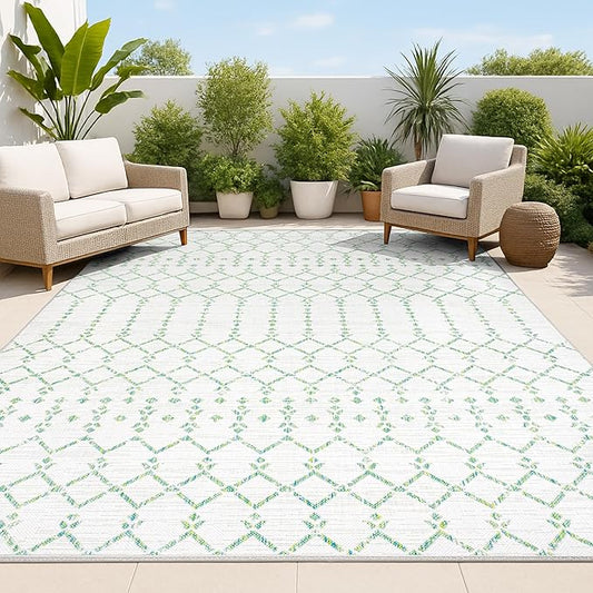 JONATHAN Y Moroccan Geometric Indoor Outdoor Area Rug 9X12 Green/Ivory, Ourika Textured Weave for Backyard, Patio, Porch, Easy-Cleaning, High Traffic, Pet-Friendly, Non-Shedding (SMB108R-9)