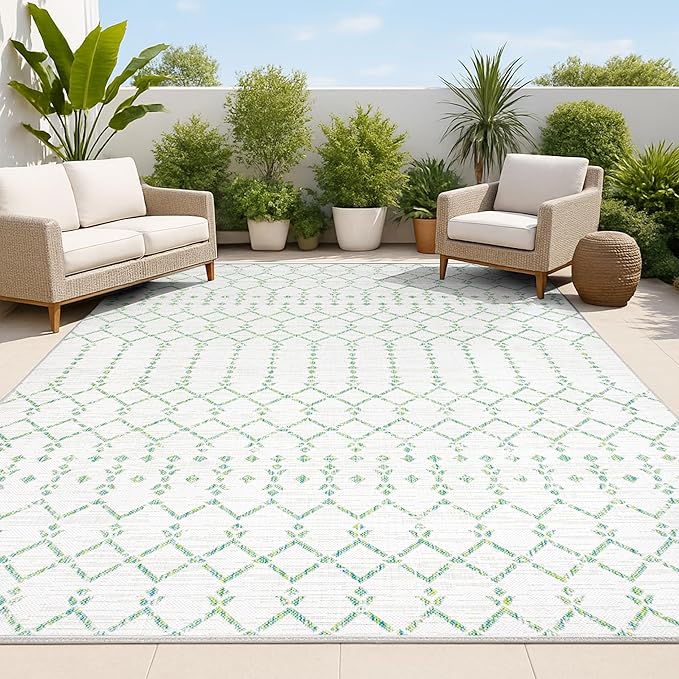 JONATHAN Y Moroccan Geometric Indoor Outdoor Area Rug 8X10 Green/Ivory, Ourika Textured Weave for Backyard, Patio, Porch, Easy-Cleaning, High Traffic, Pet-Friendly, Non-Shedding (SMB108R-8)