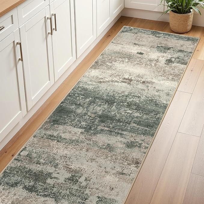 BEIMO Runner Rug for Hallway Kitchen, 2'6"x6' Machine Washable Runners Rug for Entryway, Soft Modern Abstract Throw Rugs, Low Pile Floor Cover with Non Slip Backing, Grey/Dark Green