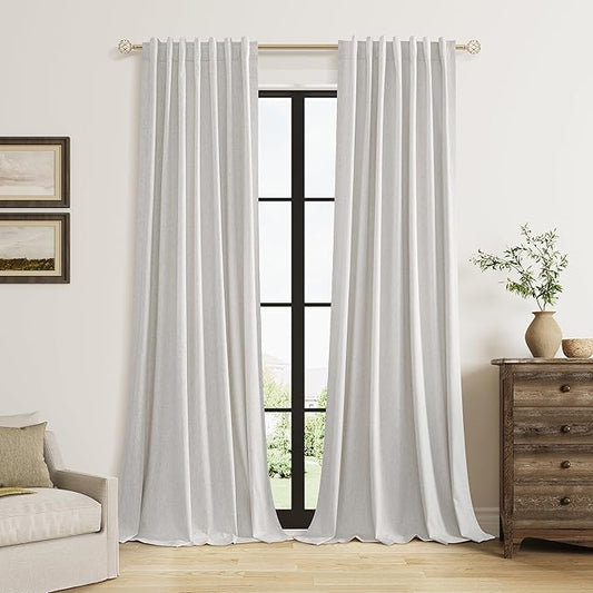 Guken 90 Inch Long Natural 100% Blackout Linen Curtains for Living Room Back Tab Rod Pocket Modern Farmhouse Thermal Insulated Drapes for Bedroom Black Out Window Curtain 2 Panels, 52x90