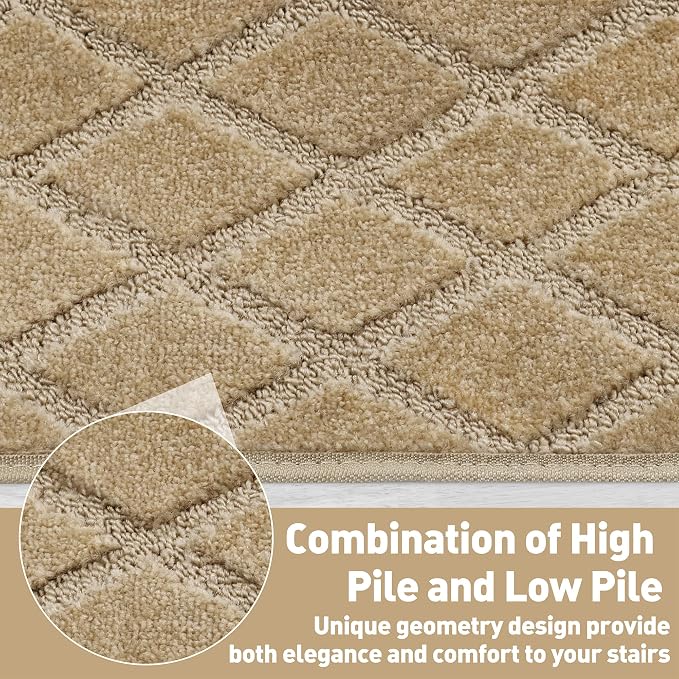 PURE ERA Bullnose Carpet Stair Treads Set Tape Free Non-Slip Indoor Stair Protectors Pet Friendly Rugs 9.5" x 30"(14 Pieces,Khaki Diamond Trellis)