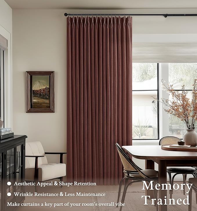 Reddish Brown Pinch Pleat Linen Curtains 80 Inch Long 2 Panels Set for Dining Living Room 50 Inch Wide Country Rustic Memory Trained Semi Sheer Drapes with Rings Back Tab Bedroom Window Curtain