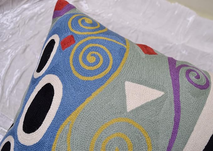 Klimt Blue Marine Modern Pillow Cover | Contemporary Chair Cushion | Blue Sofa Pillowcase | Modern Outdoor Pillows | Mid Century Chair Cushions | Hand Embroidered | Wool Size 18x18