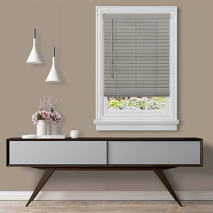Cordless Room Darkening Plantation Blind - 34 Inch Width, 64 Inch Length, 2" Vinyl Slat Size - Grey - GII Madera Falsa Faux Wood, Light Filtering Horizontal Windows Blinds by Achim Home Decor