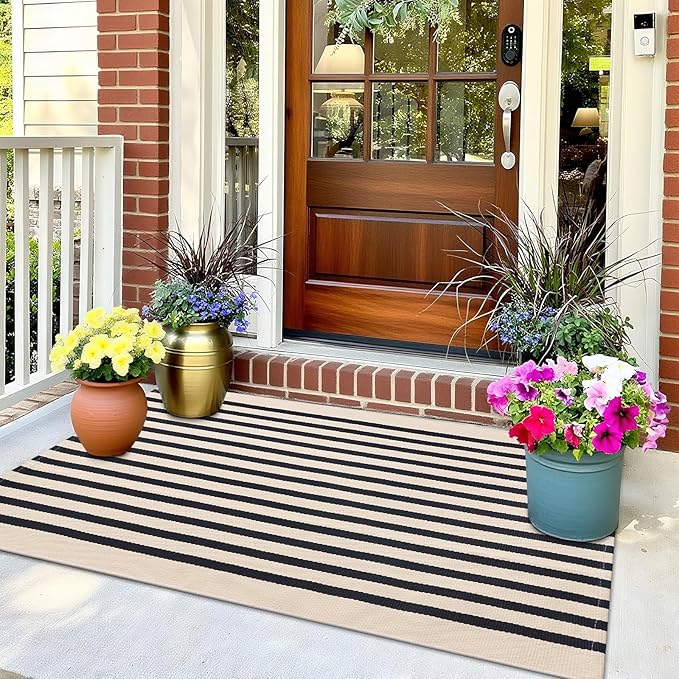 OLANLY Beige and Black Striped Rug 2'4" x 3'7" (27.5" x 43") – Washable Cotton Doormat for Indoor Outdoor Use, Layered Front Porch Rug for Entryway, Kitchen, Patio