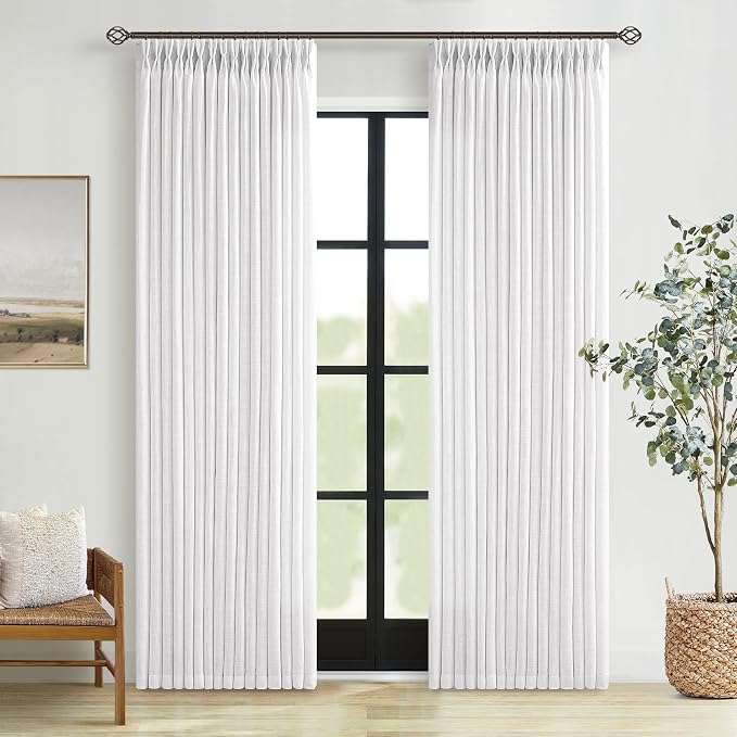 Extra Long White Linen Curtains 132 Inches Long for High Ceiling Living Room Bedroom Dining Modern Neutral Curtain Light Filtering Semi Sheer Back Tab Pinch Pleat Window Curtains 2 Panels Set 11 FT