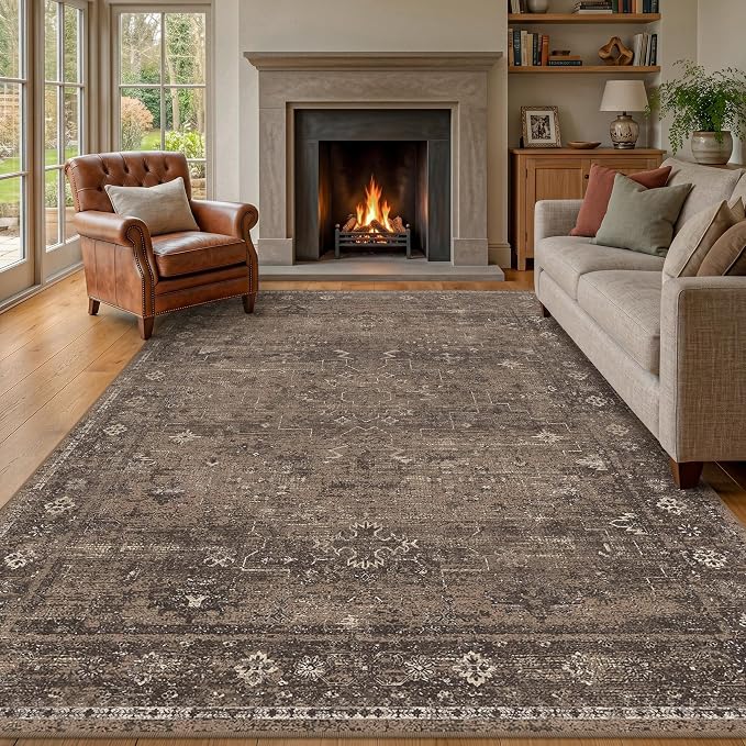 Farmhouse Brown Washable 6x9 Area Rugs for Living Room, Dark Neutral Vintage Distressed Rug for Bedroom, Non-Slip Soft Stain Resistant Carpet for Dining Room Office Décor
