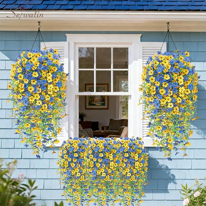 Serwalin 12PCS Artificial Hanging Flowers for Outdoors, UV Resistant Fake Hanging Plants, Realistic Weatherproof Outdoor Decor for Patio, Porch, Garden & Window (Yellow& Blue,12PCS)