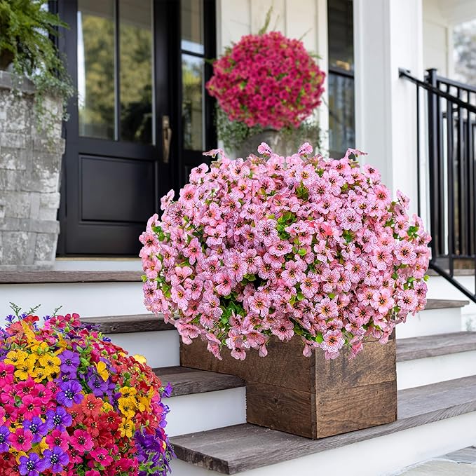 AXYLEX Artificial Flowers for Outdoors Fake Plants - 16 Bundles Faux Outside Greenery Boxwood No Fade Plastic Shrubs Fall Decor Farmhouse Home Garden Thanksgiving Mums (Pink)