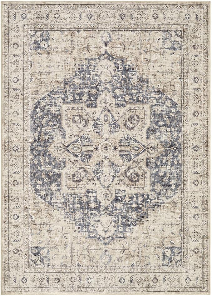Tortania Area Rug Living Room Rugs - 10x14 Washable Boho Rug Vintage Oriental Distressed Farmhouse Large Thin Indoor Carpet for Living Room Bedroom Under Dining Table Home Office - Cream Blue