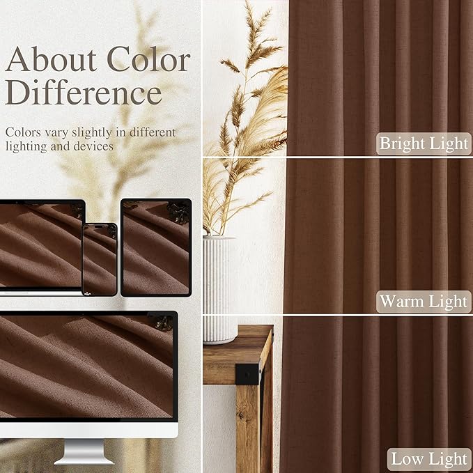 Mocha Brown Linen Curtains 90 Inch Length 2 Panels for Living Room Back Tab Rod Pocket Window Drapes Light Filtering Modern Farmhouse Curtain 90 Inches Long for Dining Room Office 52x90