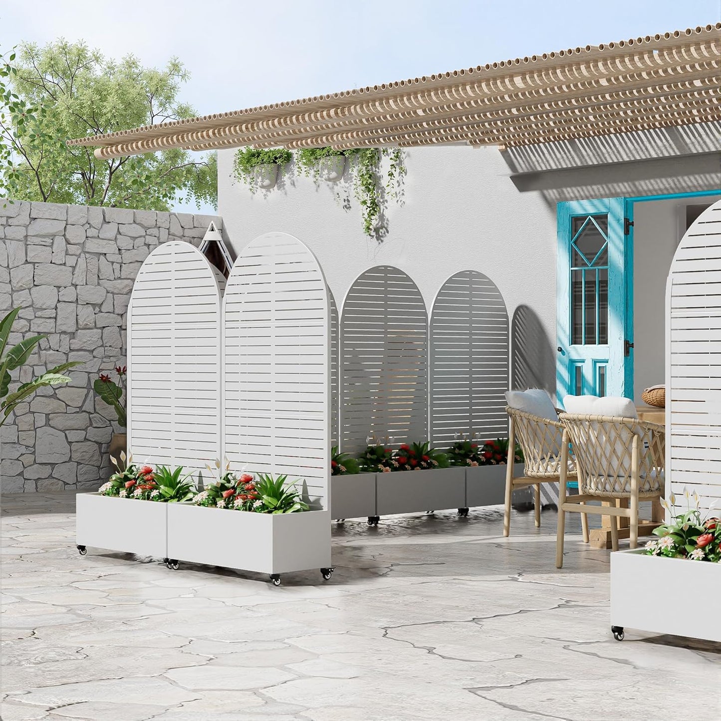 Casaphoria Metal Raised Garden Bed with Trellis and Wheels, 72"x35"x16" Arched Planter Box for Climbing Plants, Vegetables & Vines, Features Drainage Holes and Privacy Screen (White-Louvered)