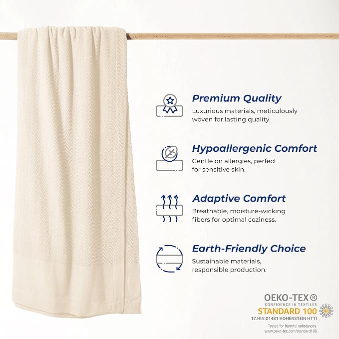 Organic GOTS Certified Cotton Blanket, Twin/Twin XL - 350 GSM, Antistatic, Fuzzy Soft, Lightweight, Sofa, Camping & Travel, All-Season Herringbone Throw, Ivory/Cream + Stylish Bonus Tote Bag