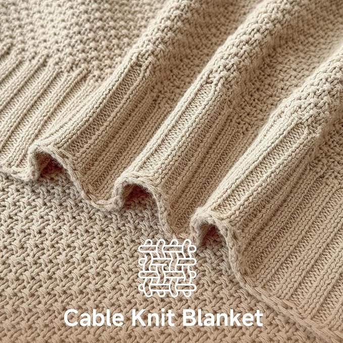Simple&Opulence 100% Cotton Throw Blanket, Solid Color Cable Knitted Blanket Super Soft Comfortable Breathable Decorative Farmhouse for Couch Sofa Bed, All Season Use(Light Khaki,50x60)